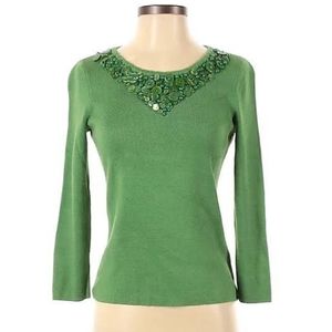 Sigrid Olsen Green Sweater with Embellished Neckline